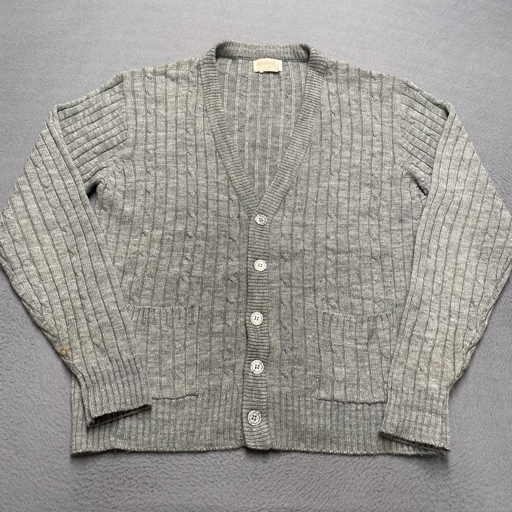 Vintage Knit Cardigan Sweater Mens‎ Medium Gray Acrylic Button Front Pockets 80s